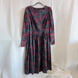 Laura Ashley Vintage 80s Micro Corduroy Floral Maxi Dress Size 14 Cottagecore